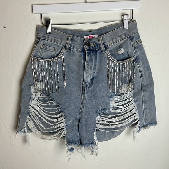 Elvis Crystal Fringe Denim Shorts by Buddy Love - Picture 6 of 6